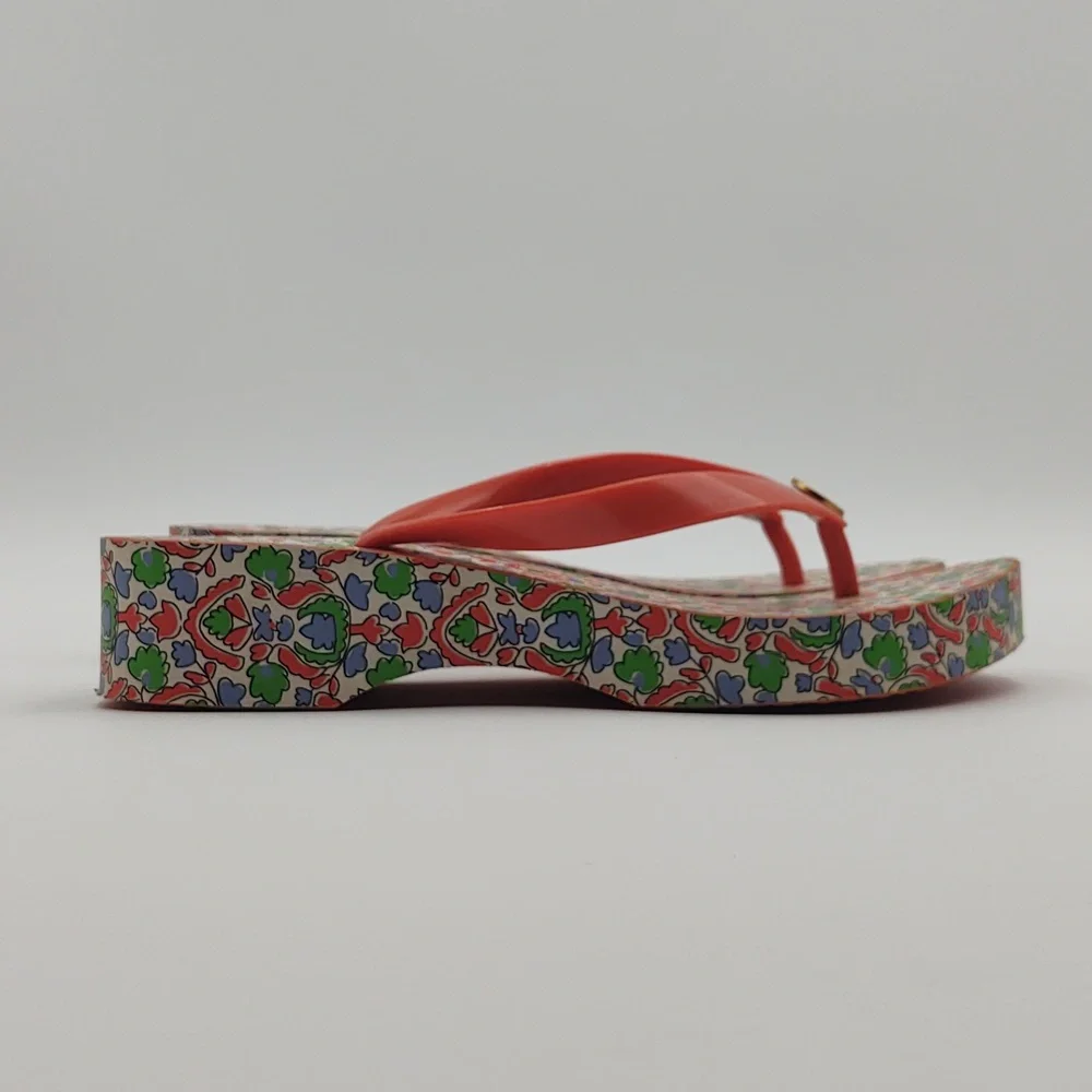 Tory Burch Wedge Flip Flop Sandals Paisley Cut Out Coral 6 Boho Resort Lounge